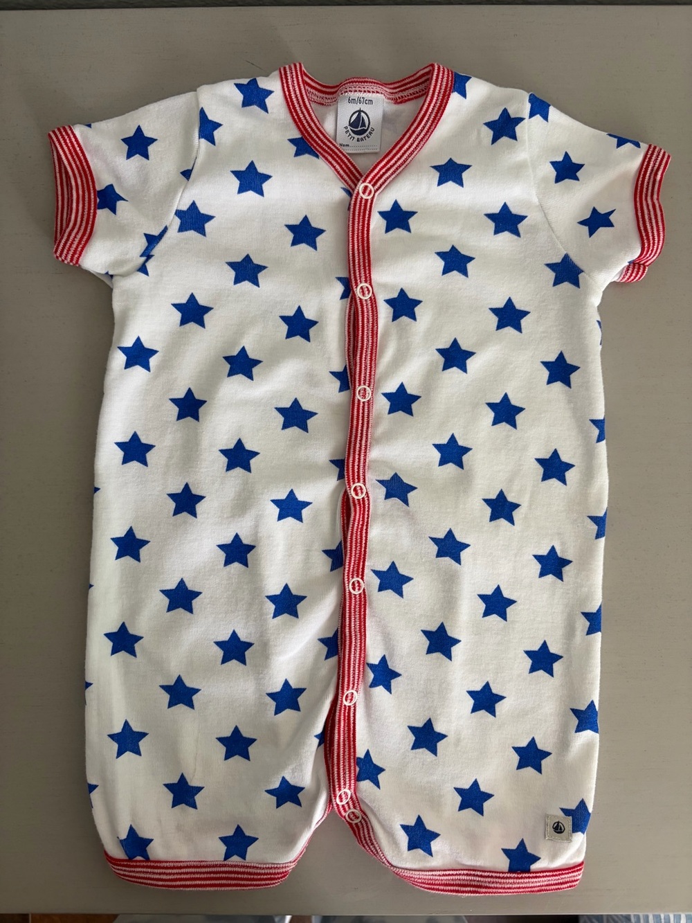 Petit Bateau White Sleep Sack with Blue Stars and Red Trim